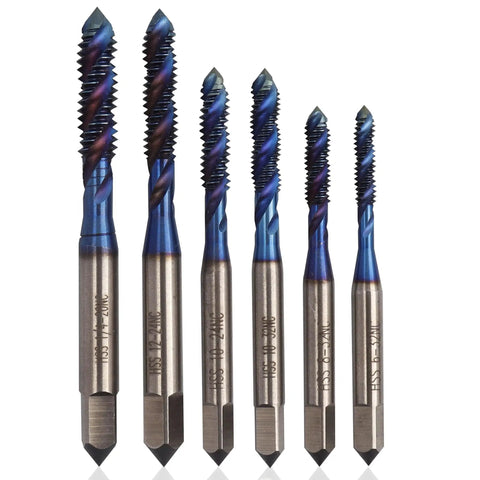 Spiral Flute Tap Set 6-Piece SAE Thread Tapping Kit For Metal Wood And Plastic with durable high speed steel bits, various sizes visible.