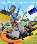 3 In 1 Outdoor Swing Set With Saucer Swing Belt Seat And 4 Ft Trampoline Heavy Duty A Frame Metal Stand With Safety Stakes 440 Lb Capacity Backyard Playground For Toddlers 3 To 8 Years Old showing children on saucer swing with details of fabric and construction materials.