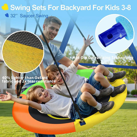 3 In 1 Outdoor Swing Set With Saucer Swing Belt Seat And 4 Ft Trampoline Heavy Duty A Frame Metal Stand With Safety Stakes 440 Lb Capacity Backyard Playground For Toddlers 3 To 8 Years Old showing children on saucer swing with details of fabric and construction materials.