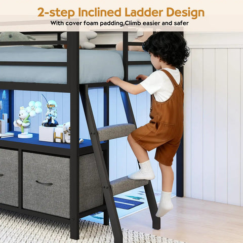 Low Loft Bed For Kids With Seven Storage Drawers And Built In Bookcase Twin Size Space Saving 14 Inch Guardrail Inclined Ladder LED Lights
