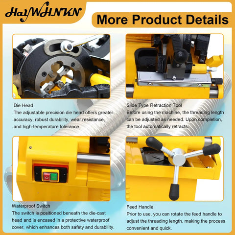 Features of Heavy Duty Electric Pipe Threading Machine And Cutter 220V 750W with waterproof switch and precision die head.