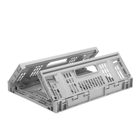 Must-Have Collapsible Utility Crates Set Of 3 Grey 15.8L Stackable Folding Storage Bins Heavy-Duty Capacity For Home Organization And Moving, Space Saving Tote Boxes shown folded flat with open air design.