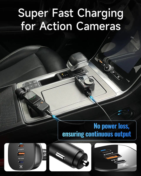 Beefy 130W Car Drone Charger With 3 USB Ports USB C USB A Fast Charging for DJI Mini Air Mavic 4 Pro in car console
