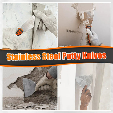 Collage of stainless steel putty knives being used to scrape walls and remove paint.