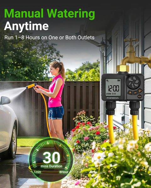 Person using Two Zone Water Timer For Garden Hose With USB C Rechargeable Battery, IPX6 Sprinkler Timer attached to faucet