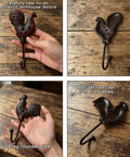 Vintage Cast Iron Rooster And Hen Wall Hooks Bring A Sick Farmhouse Vibe To Your Mudroom Kitchen Or Entryway With These Gutsy Decorative Hooks Adding real country charm. Cast iron rooster hook with authentic farmhouse texture held in hand on wooden surface.