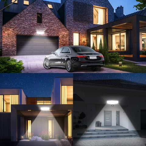 Plug In Outdoor Flood Light With Motion Sensor And Remote Control, Dusk To Dawn Security Floodlight illuminating garage and porch