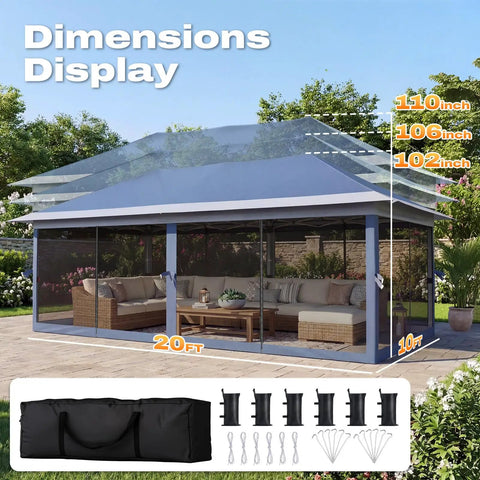 10x20Ft Pop Up Gazebo Canopy Tent One Person Setup Portable Instant Folding Shelter Outdoor Shade For Backyard Patio BBQs Parties Easy Center Hub Lock For Fast Setup shown with dimensions and accessories