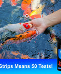 Game Changer 7 In 1 Pond Water Test Kit With 50 Strips For Fish Tanks And Koi Ponds Tests pH Alkalinity Nitrate Chlorine Hardness, with koi in pond.