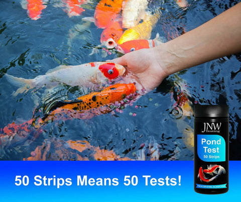 Game Changer 7 In 1 Pond Water Test Kit With 50 Strips For Fish Tanks And Koi Ponds Tests pH Alkalinity Nitrate Chlorine Hardness, with koi in pond.