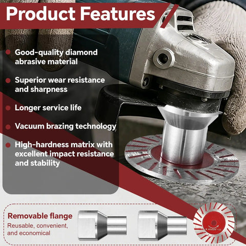 Product features of 10 Piece Angle Grinder Diamond Saw Blades Set for top shelf cutting with quality diamond material and aluminum flange.