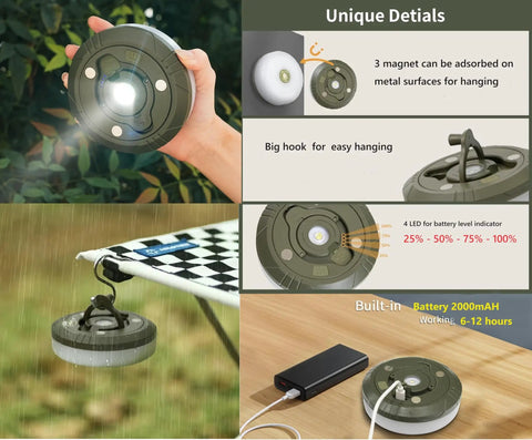Lit All In One Camping String Lights 32.8Ft Waterproof Outdoor Light String With 8 Modes showing magnetic hanging and charging features