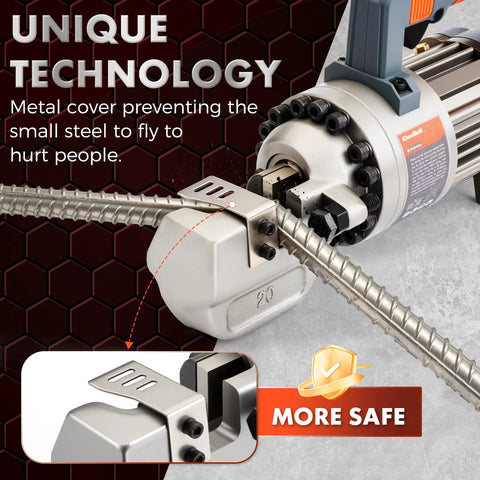 Heavy Duty 3/4 Inch Electric Hydraulic Rebar Cutter RC20B with metal cover ensuring safety while cutting rebar.