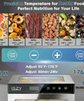 Top Shelf 800W Food Dehydrator Machine Featuring Ten Stainless Steel Trays displayed with dried fruits, jerky, and herbs.