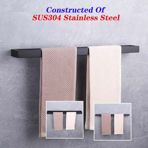 Matte Black 30 Inch Bathroom Towel Bar Made From SUS 304 Stainless Steel Wall Mount Modern Style Heavy Duty Rustproof And Durable Bath Accessory For Wet Bathrooms with two towels hanging.