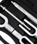 Close-up of Duratech 5-piece ball joint separator set in a black carrying case; silver steel forks and rods, sizes 1-1/8, 15/16, 11/16 in.