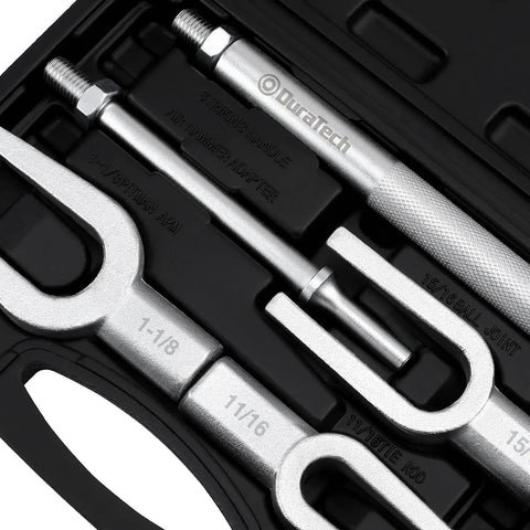 Close-up of Duratech 5-piece ball joint separator set in a black carrying case; silver steel forks and rods, sizes 1-1/8, 15/16, 11/16 in.