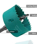 Hole saw with arbor, 70mm; green bi-metal cutter for wood, plastic, fiberboard, drywall — side view.