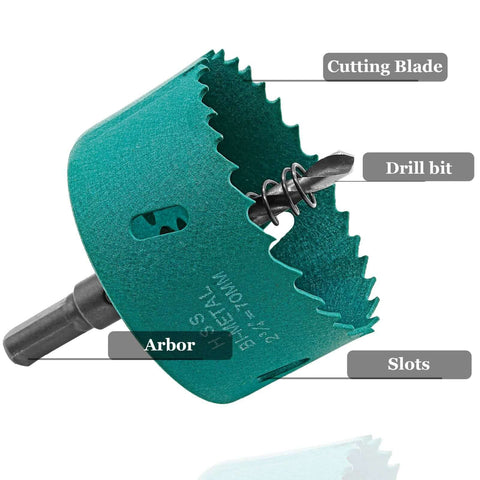 Hole saw with arbor, 70mm; green bi-metal cutter for wood, plastic, fiberboard, drywall — side view.