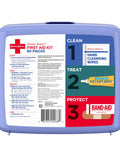 Front view of purple BAND-AID Travel Ready First Aid Kit with 80 pieces.