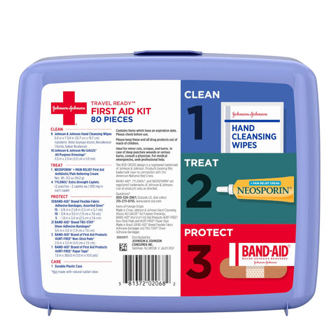 Front view of purple BAND-AID Travel Ready First Aid Kit with 80 pieces.
