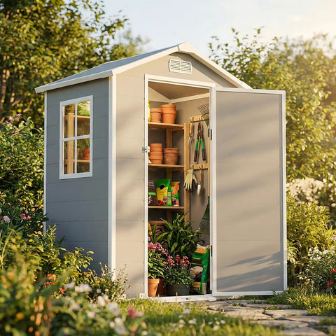 4x3 Ft Resin Outdoor Storage Shed With Sloped Roof, Rain Holes, Lockable Door, Transport Ramp, Window And Vent, All Weather UV Resistant For Backyard Garden Patio And Lawn, Gray showing open door with gardening tools inside