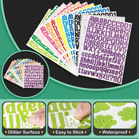 Alphabet And Number Sticker Set 24 Sheets Waterproof Vinyl Decals With 2316 Pieces Self Adhesive For Mailboxes Notebooks Signs Decor DIY Crafts And Art Projects Vivid Style, showing colorful sheets with letters and numbers.