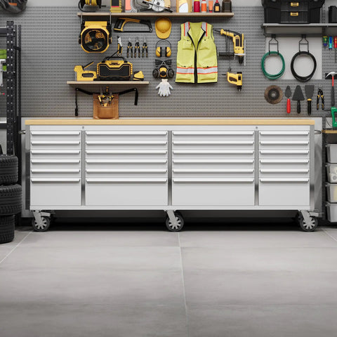 Heavy Duty 61 Inch Tool Chest Cabinet With Mobile Garage Workbench, 24 Drawers And Power Strip, Rubber Wood Top, 1675 Lb Capacity
