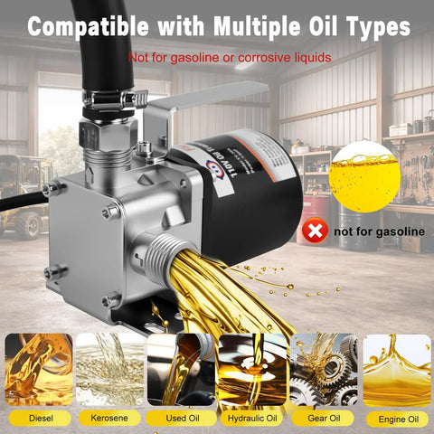 Beefy 8 GPM 110V Electric Fuel Transfer Pump Kit showing oil compatibility for diesel, kerosene, and multiple oils, not for gasoline.