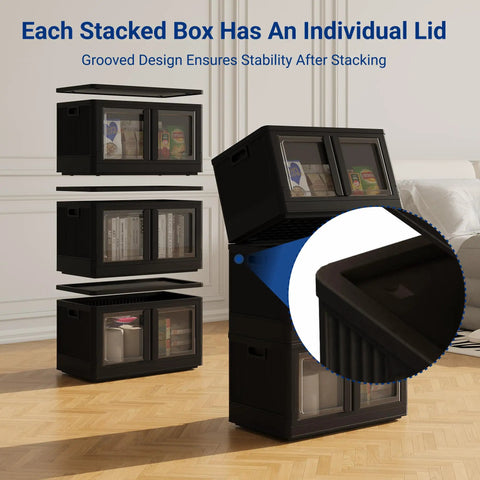 Heavy Duty 228 Quint Stackable Storage Bins With Lids, Black Collapsible Crates For Garage And Closet, No Sweat Tool Free Setup, Big Time Organization For Home Projects