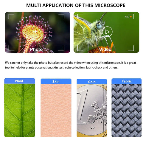 1080P Handheld Digital Microscope With 50X To 1000X Magnification, On The Go Portable USB Microscope With Adjustable Stand, 4 In 1 Cable Connection For iPhone Android Mac Windows PC, Great For Hobbyists And Fieldwork. Photo and video use with plant, skin, coin, and fabric closeups.