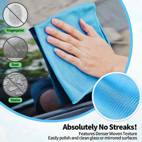 Hand using a blue Ultra Soft Microfiber Glass Cleaning Cloths 12 Pack Streak Free No Lint Wipes for glass surface cleaning