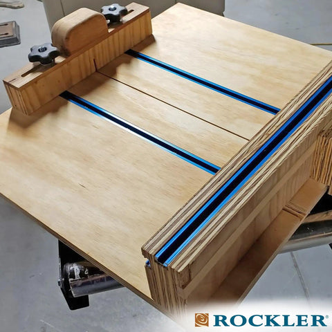Blue Aluminum T Track 3 Ft for Workbenches, Jigs, and Machine Tables; universal slot rail in woodworking setup