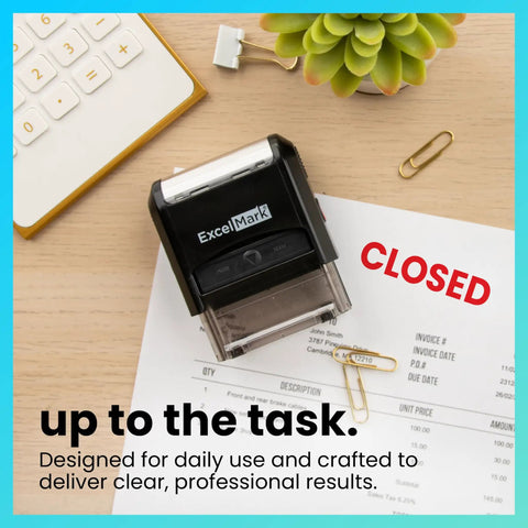 Heavy Duty Self Inking Rubber Office Stamp Printing Crisp Closed Messages In Bold Red Ink With A Quick Swap Replaceable Pad on desk.