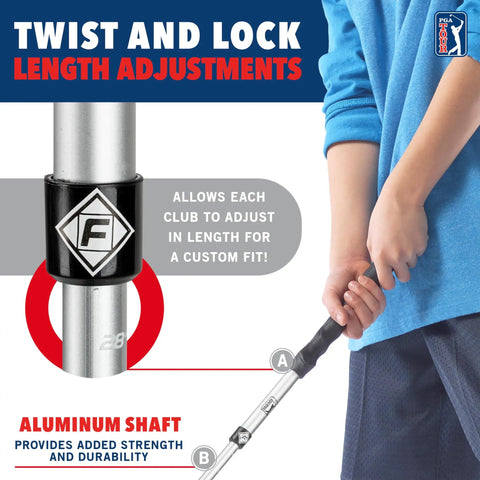 Close-up of adjustable aluminum shaft from Totally Kid Friendly Beginner Golf Set With Adjustable Length Plastic Clubs Bag And Balls Learn To Play Youth Golf Toy For Boys And Girls PGA Style Plastic Golf Set In Red And Blue, showing twist and lock feature for custom fit.