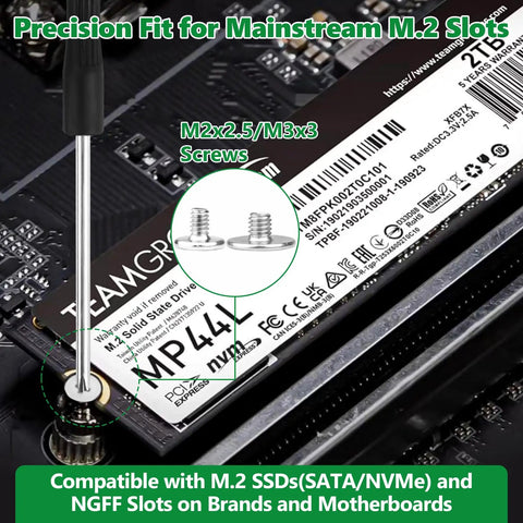 Precision fit for M.2 slots with M2x2.5/M3x3 screws in use, showcasing the Thirty Piece M2 SSD Screws And NVMe Standoff Kit.
