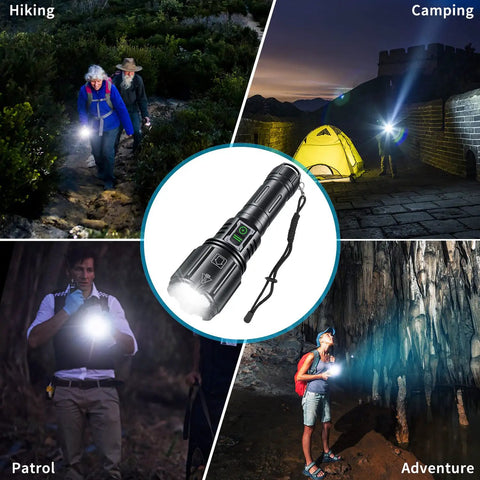Ultra Bright Rechargeable Flashlight With 1.42 Million Lumens Six Modes IP67 Waterproof Tactical Emergency Light for hiking, camping, patrol, adventure