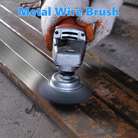 Hand using Ten Pack Carbon Steel Wire Wheel Cup Brush And Pen Brush Set With One Quarter Inch Hex Shank For Rust Removal Corrosion And Surface Scrubbing Garage Ready Heavy Duty on metal surface.