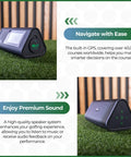 Side view of Hybrid Golf Launch Monitor For Ball Speed Club Speed Distance And Smash Factor Portable Bluetooth GPS Radar Swing Speed Trainer With App 40k Courses Training Modes Audio Video Capture Pro Grade, showing GPS coverage message and speaker system features on golf turf.