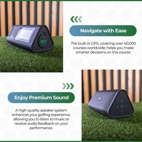 Side view of Hybrid Golf Launch Monitor For Ball Speed Club Speed Distance And Smash Factor Portable Bluetooth GPS Radar Swing Speed Trainer With App 40k Courses Training Modes Audio Video Capture Pro Grade, showing GPS coverage message and speaker system features on golf turf.