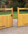 Wooden gates with 18-Inch Matte Black Barn Door Hinges, Heavy Duty 4mm Thick Iron Gate Hinges, installed with black coated screws