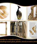 Front view collage of Gold Leaf Gilding Adhesive Set items: foil sheet, ornate vase, frame, stair rail