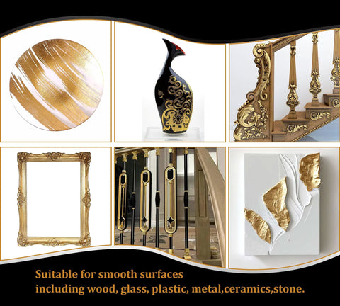 Front view collage of Gold Leaf Gilding Adhesive Set items: foil sheet, ornate vase, frame, stair rail