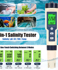 Slick Digital 5 In 1 Pool Water Tester Drops Crisp Ph Salt Tds Ec And Temp Readings In Seconds, showing multiple measurement modes.