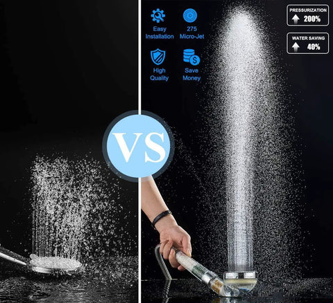 Comparison of standard and Vitamin C Filter Shower Head With Hose And Arm Bracket showing high pressure water stream effect.