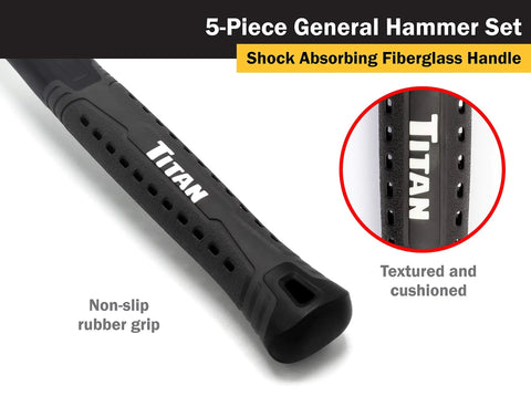 Close-up of shock absorbing fiberglass handle, textured grip from Five Piece Hammer Set With 16 Oz Ball Pein Hammer, 32 Oz Ball Pein Hammer, 32 Oz Rubber Mallet, 3 Lb Sledge Hammer, And 3 Lb Cross Pein Hammer
