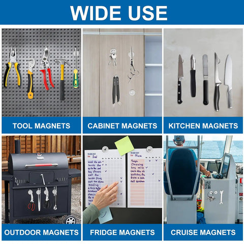 Heavy Duty Neodymium Magnets Set With Screws, 20 Pound Holding Power, 6 Pack in use on tool board, cabinet, and kitchen.