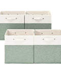 4 white and green 13x13 Fine Linen Storage Bins With Handles, Fabric Cube Boxes For Shelves And Closets, Foldable, Breathable Organizers