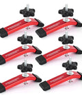 Heavy Duty Red Anodized T Track Hold Down Clamps With T Bolts And Washers For Woodworking and Milling showcasing six clamps with black grips.