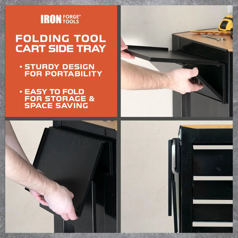 Universal Tool Box Side Shelf Tray, 16x12 Inch Folding Accessory for Tool Carts, Workbenches, Vans and Vehicles, Black Powder Coated Steel